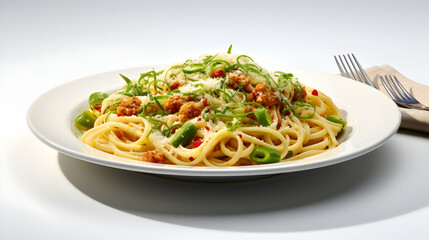 Spaghetti with breadcrumbs, pepperoncini and parmesan, restaurant pasta menu concept on white background,Generated with AI.