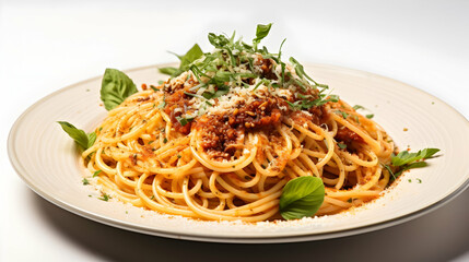 Spaghetti with breadcrumbs, pepperoncini and parmesan, restaurant pasta menu concept on white background,Generated with AI.