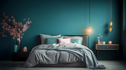 Stylish modern cosy bedroom in dark colors. Cozy interior with turquoise walls, home decor,Generated with AI.