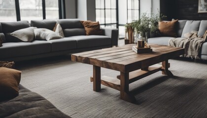 Rustic aged barn wood coffee table near grey sofa against big grid windows. Farmhouse home interior