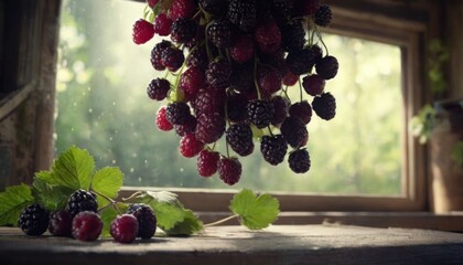  a bunch of grapes and raspberries hanging from a branch in front of a window with a green leafy branch on the outside of the window sill. - obrazy, fototapety, plakaty