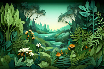 Green forest nature landscape in paper cut style background.