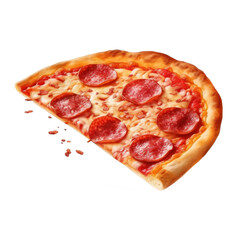 A single slice of pepperoni pizza with melted cheese on a transparent background.