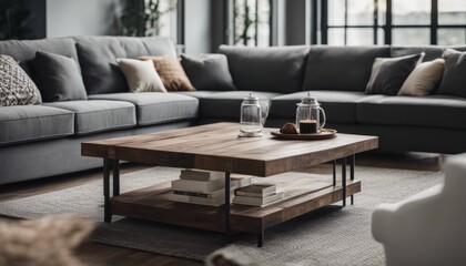 Fototapeta premium Rustic aged barn wood coffee table near grey sofa against big grid windows. Farmhouse home interior
