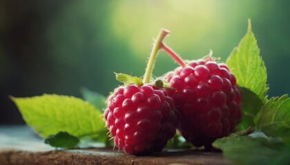  a couple of raspberries sitting on top of a piece of wood next to a leafy green leafy green background on a piece of wood with green leaves.