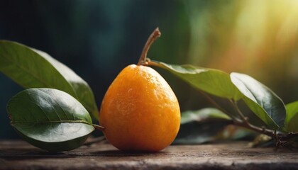  an orange sitting on top of a wooden table next to a green leafy branch with a single orange on top of it, on top of a wooden table.