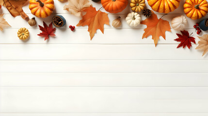 Thanksgiving Background decoration, Dry leaves, berries and pumpkins on white wooden background.,Generated with AI.