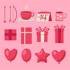 Set of items for valentine day in cartoon flat design style