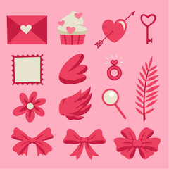 valentine; set; collection; romantic; wings; magnifying; invitation; romance; key; ribbon; ring; arrow; letter; wedding; party; graphic; heart; drawing; love; isolated; shape; gift; retro; happy; illu