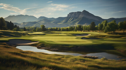 The green of the golf course is a natural landscape with mountains in the background,Generative Ai.