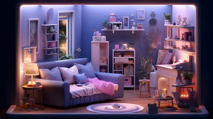 Tiny Cute Pink isometric living room in a cutaway box, Soft smooth lighting Bedroom, Soft colors, Purple and blue color scheme, soft colors, Night and Day RoomGenerated with AI.