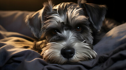 Tired fluffy Miniature Schnauzer on soft blanket,Generated with AI.