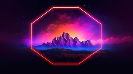 Glowing neon Hexagon frame over abstract landscape. Generative AI image weber.