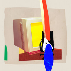 Young woman sitting and working on computer. Social networking, global outsourcing. Contemporary...
