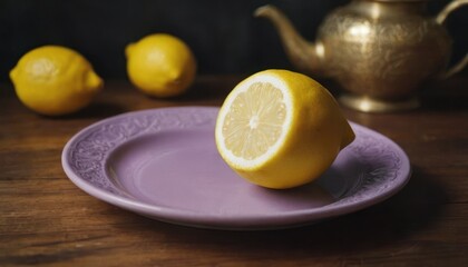 a purple plate topped with a cut in half lemon next to a tea pot and two lemons on a wooden table with a gold teapot in the background.