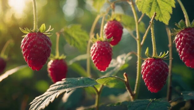  a bunch of ripe raspberries growing on a bush with green leaves in the foreground and the sun shining through the leaves on the back of the bush.