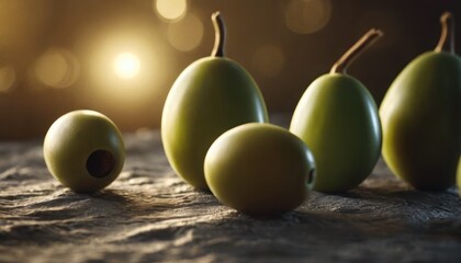  a group of green olives sitting on top of a table next to each other on a piece of cloth with a blurry background of lights in the background. - obrazy, fototapety, plakaty