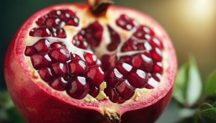  a pomegranate cut in half sitting on top of a green leafy branch with a light shining on the top of the pomegranate and the top of the pomegranate.