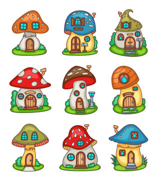 Fantasy mushroom house. Forest fairy home. Food with doors and windows. Hand drawn style. Vector drawing. Collection of design elements.