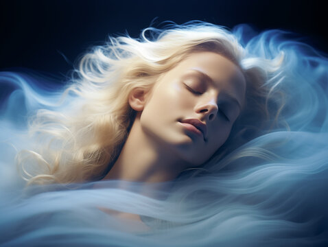 A serene image of a young woman sleeping, her head cradled in transparent waves symbolizing the rhythmic brain activity during sleep