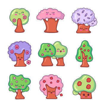 Cute kawaii spring tree. Cartoon characters. Nature and environment. Hand drawn style. Vector drawing. Collection of design elements.