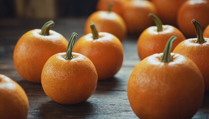  a group of oranges sitting on top of a wooden table in front of a group of oranges on top of a wooden table next to each other orange.