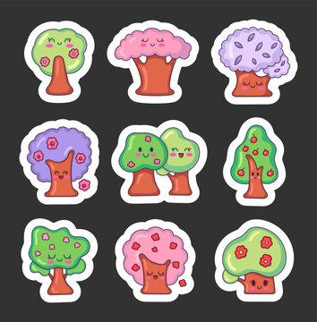 Cute kawaii spring tree. Sticker Bookmark. Cartoon characters. Nature and environment. Hand drawn style. Vector drawing. Collection of design elements.