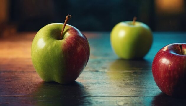  a couple of green and red apples sitting on top of a wooden table in front of a black background and a red and green apple in the middle of the photo.