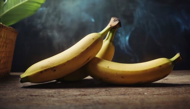  a bunch of bananas sitting on top of a wooden table next to a basket with a green plant in the middle of the picture and smoke coming from the top of the bananas.