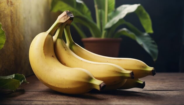  a bunch of bananas sitting on top of a wooden table next to a potted plant with a green leafy plant in the corner of the picture behind it.