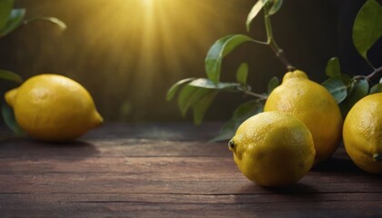  a group of lemons sitting on top of a wooden table next to a bunch of green leaves with the sun shining through the leaves on the top of the lemons.