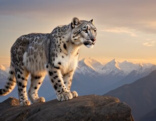  a snow leopard standing on top of a rock in the middle of a mountain range with snow capped mountains in the backgrouds of the sky in the background.
