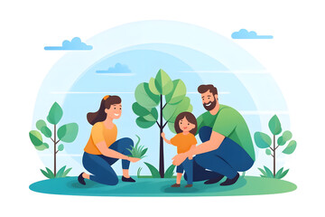 Happy family plant a tree in flat style cartoon on white background. 