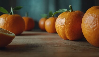  a group of oranges sitting on top of a wooden table next to a slice of orange on top of a piece of fruit that has been cut in half.