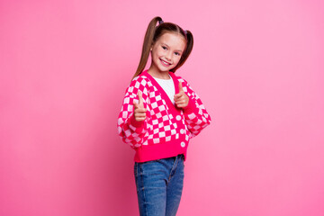Portrait of confident cheerful small girl with ponytails hairdo wear print sweater indicating at...