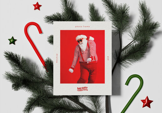 Top View of Instant Photo with Christmas Decoration Mockup