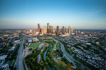 Aerial shot of Houston at sunset take from a helicopter