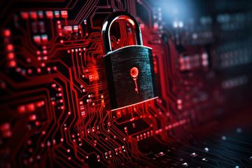 Cyber security lock over a digital background, circuit boards, technology  - obrazy, fototapety, plakaty