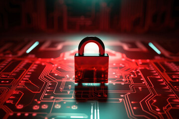 a vulnerable cyber security lock over a digital background, circuit boards, technology 
