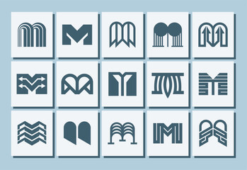 Geometric line technology letter M logo design set - obrazy, fototapety, plakaty