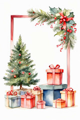 Fototapeta na wymiar Watercolour framing christmas tree and gift boxes on a white background. Greeting card for Christmas and New Year with copy space