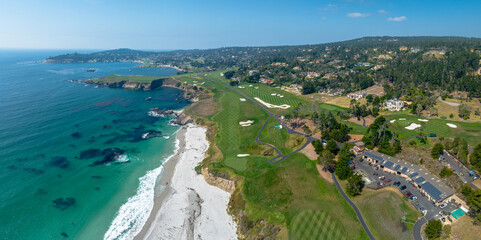 panoramic drone view of Pebble Beach, California
