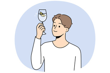 Smiling young man with glass of water recommend healthy lifestyle. Happy guy feel thirsty hold in hands aqua with lemon for hydration. Vector illustration.