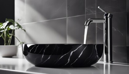 Stylish black marble round vessel sink and chrome faucet. Minimalist interior design of modern bathroom