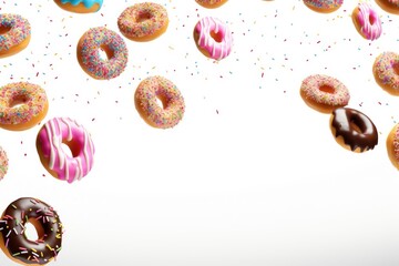 Fototapeta na wymiar Colourful decorated donuts falling in motion isolated on white background with sprinkling. 