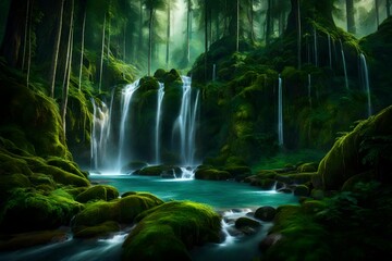 A cascading waterfall in the midst of a lush, high