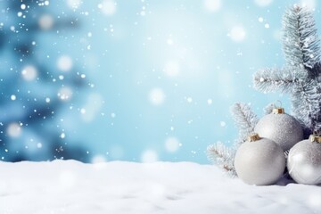 Naklejka na ściany i meble Background with Christmas snowy fir tree and Christmas toys