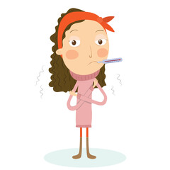 Little girl with flu. Having a cold with thermometer in his mouth. Vector Illustration.
