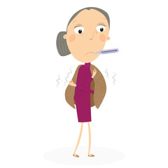 Senior woman with flu. Having a cold with thermometer in his mouth. Vector Illustration.
