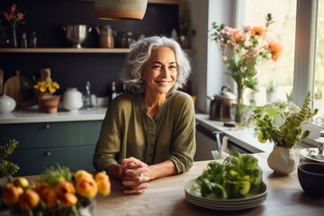 Smiling middle aged woman sitting in domestic kitchen at home - 685279089